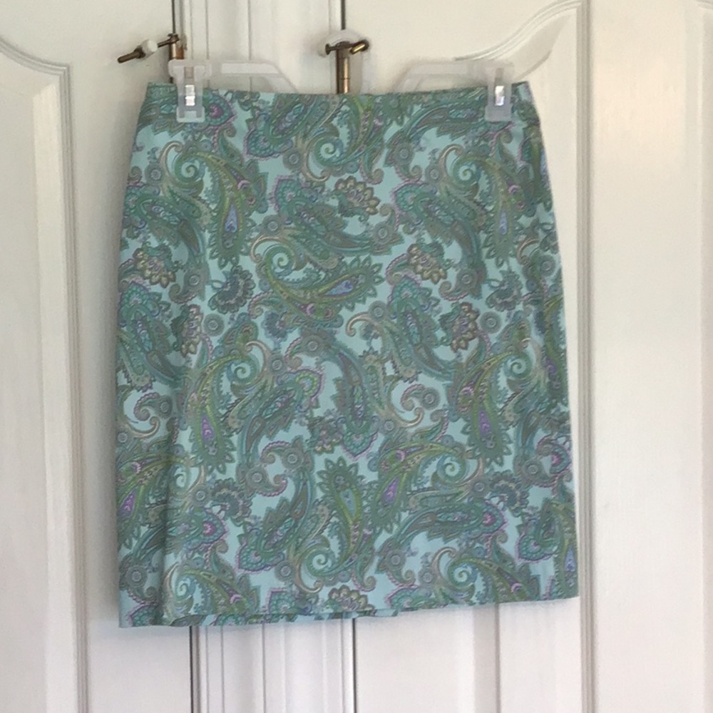 Paisley knee-length, unlined skirt. Green, purple, pink, teal.